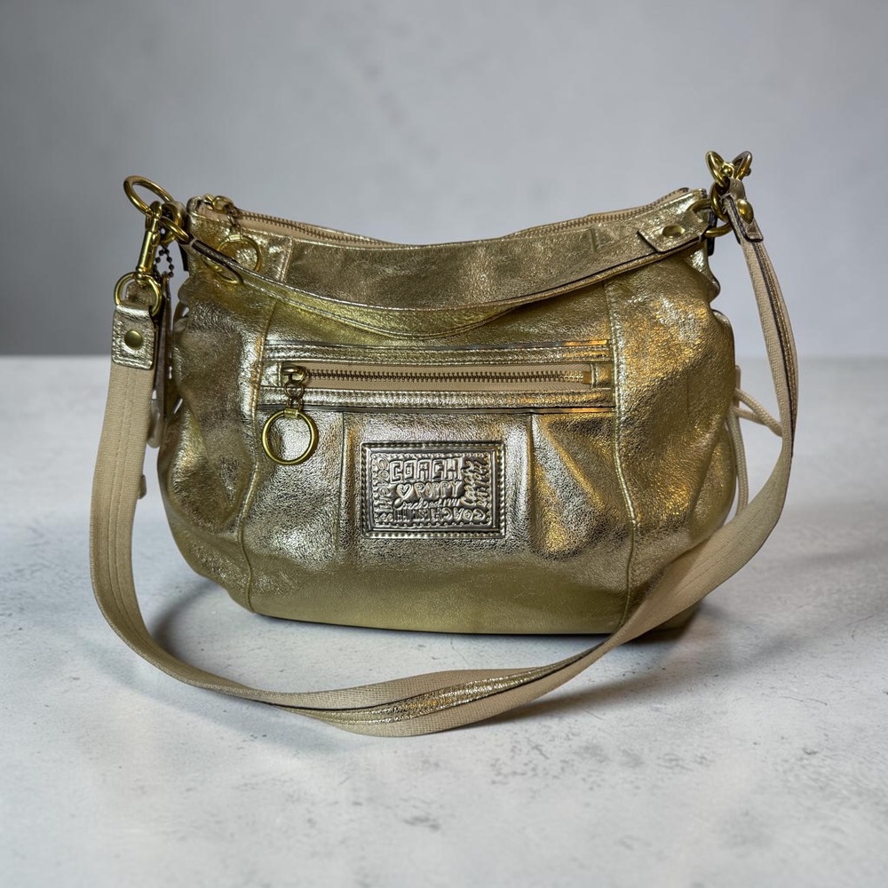 Coach Poppy Metallic Gold Leather Convertible Hobo Crossbody 20384 Y2K Bag